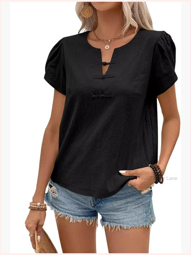 Women's Short Sleeve Petal V Neck Blouse Dressy Casual Henley Shirt